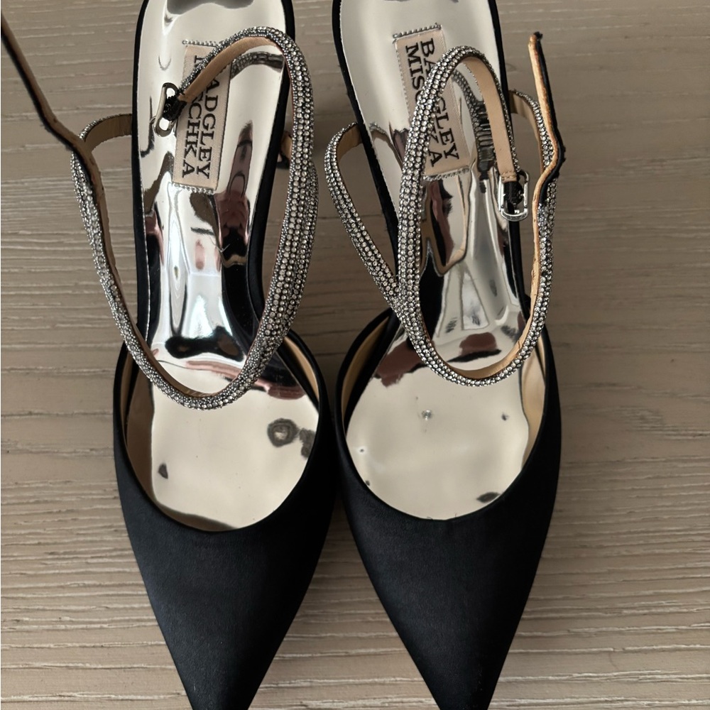 Badgley Mischka Black Pointed Toe Slingback Heels with Silver Crystal Straps